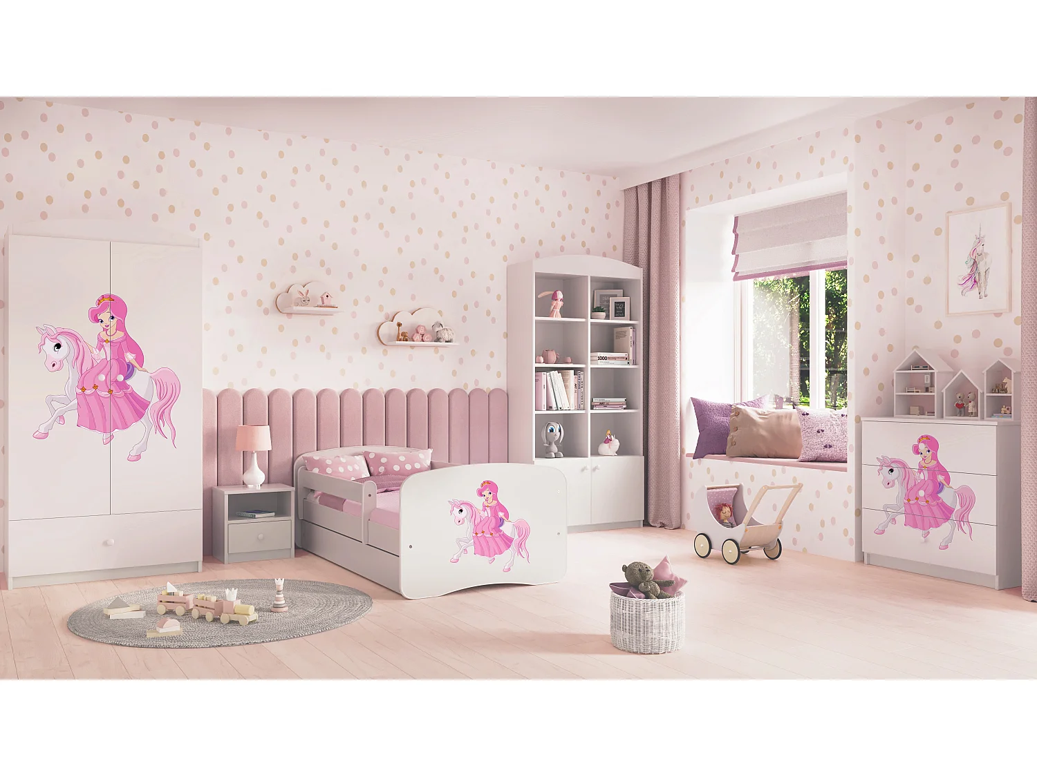 Lit enfant avec tiroir et barrière, matelas inclus - Princesse à Cheval - 70 x 140 cm