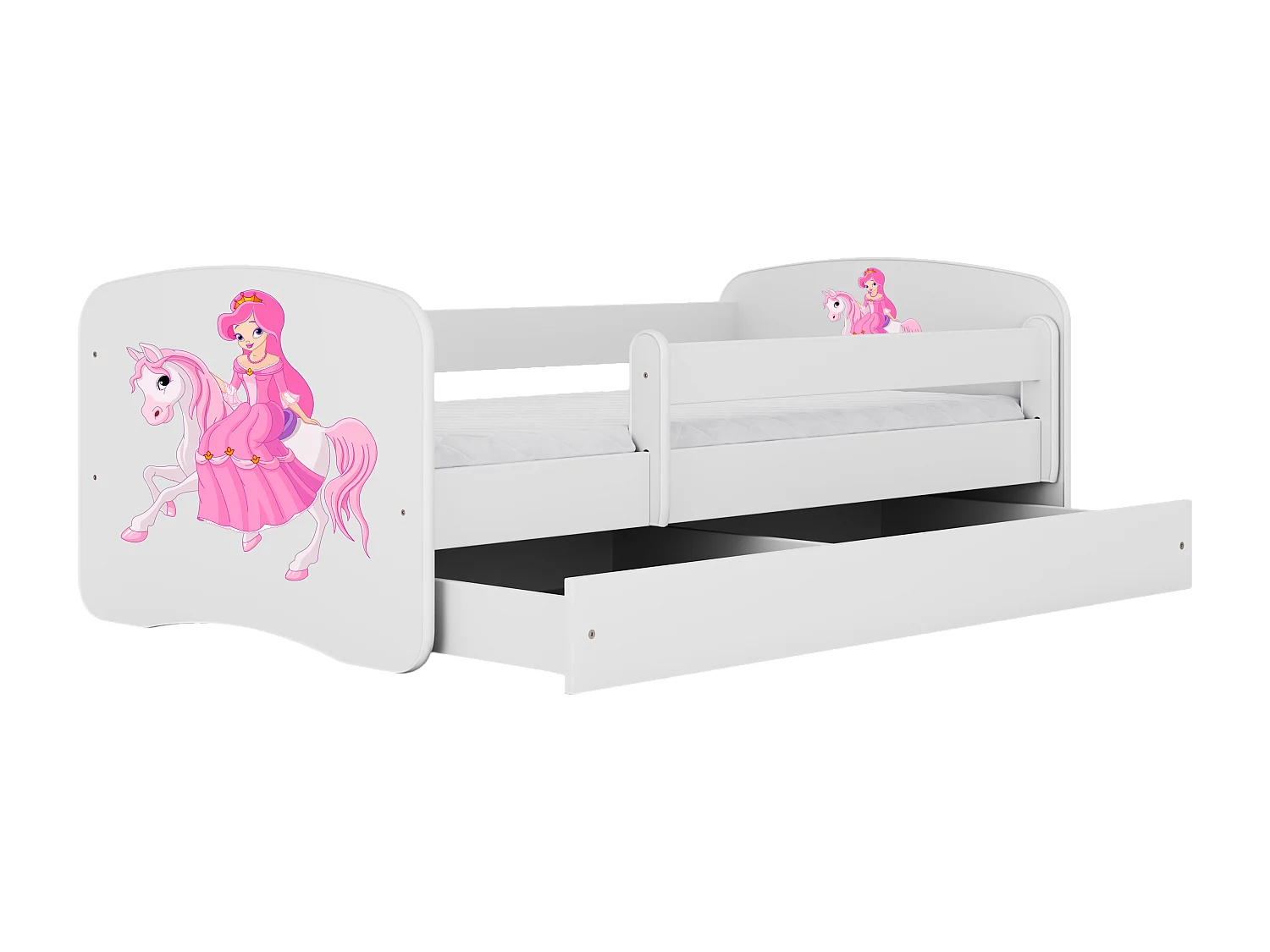 Lit enfant avec tiroir et barrière, matelas inclus - Princesse à Cheval - 70 x 140 cm
