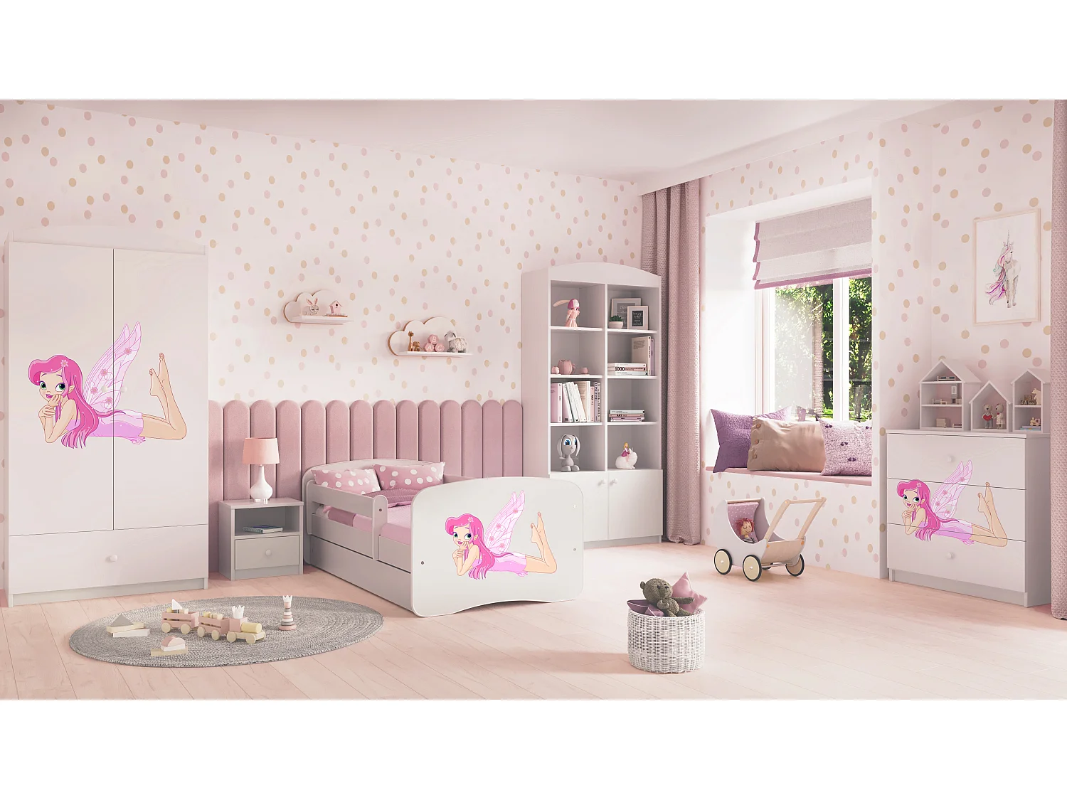 Lit enfant avec tiroir et barrière, matelas inclus - Fée avec Ailes - 80 x 160 cm