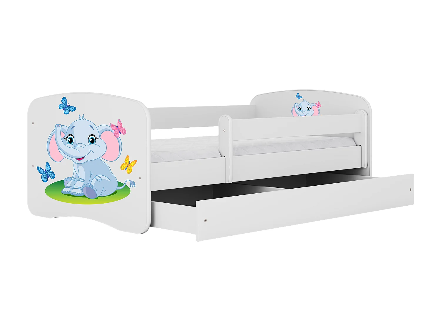 Lit enfant avec tiroir et barrière, matelas inclus - Éléphant - 80 x 180 cm