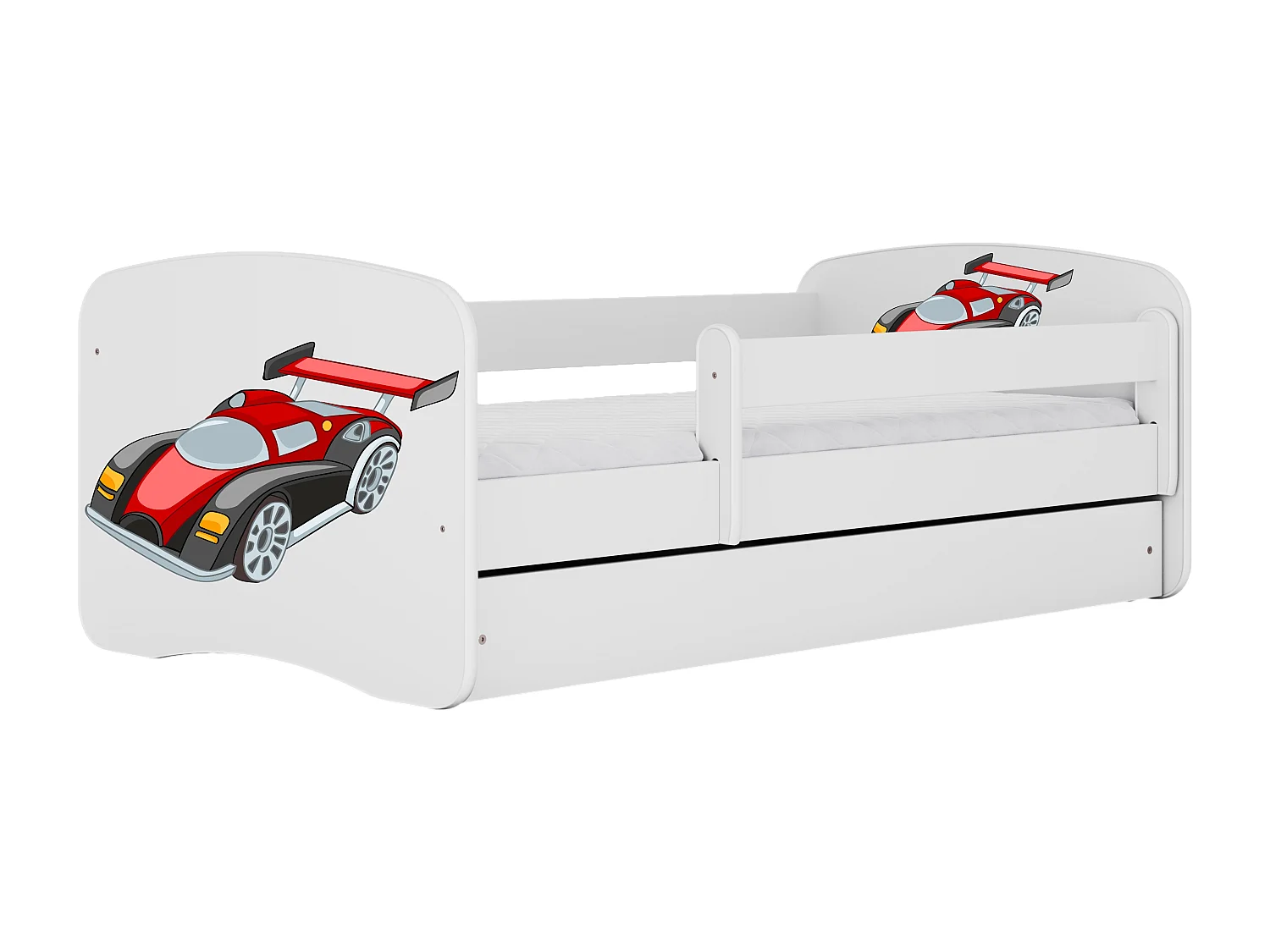 Lit enfant avec tiroir et barrière, matelas inclus - Voiture de Course - 80 x 180 cm
