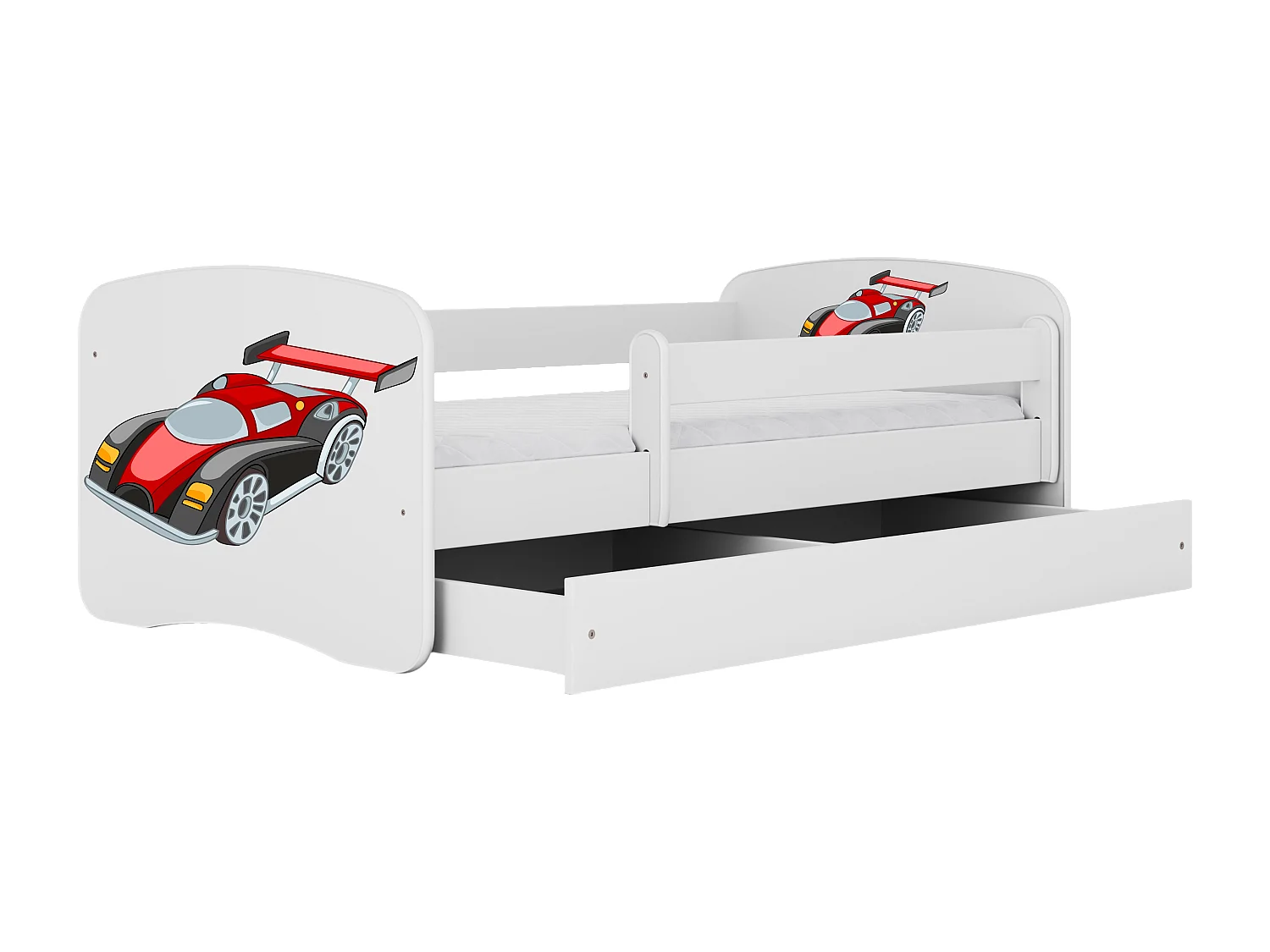 Lit enfant avec tiroir et barrière, matelas inclus - Voiture de Course - 80 x 180 cm