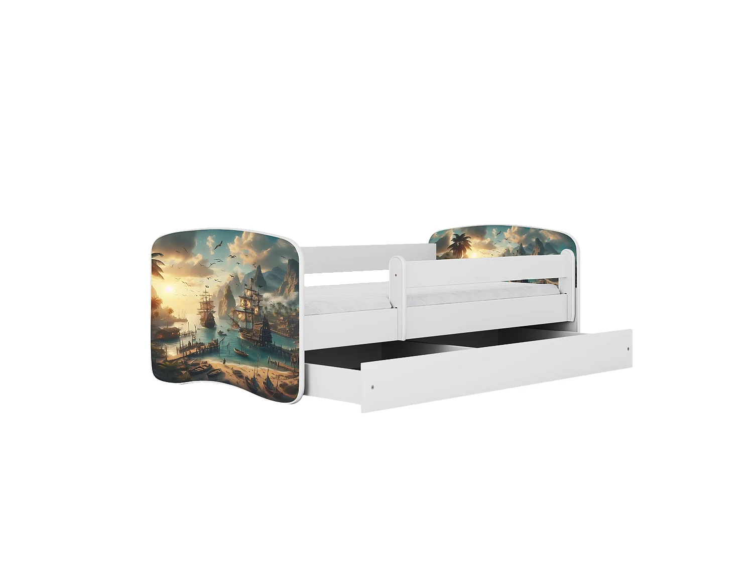 Lit enfant avec tiroir et barrière, matelas inclus - Bateau - 80 x 180 cm