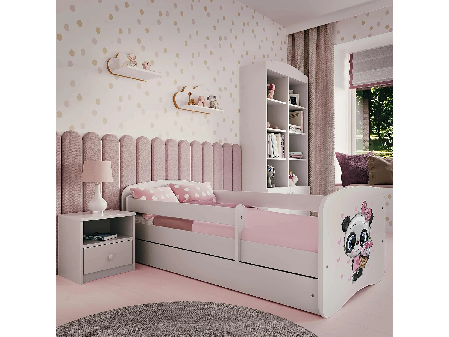 Lit enfant avec tiroir et barrière, matelas inclus - Panda - 70 x 140 cm