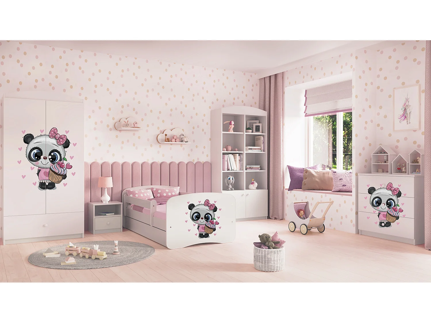 Lit enfant avec tiroir et barrière, matelas inclus - Panda - 70 x 140 cm