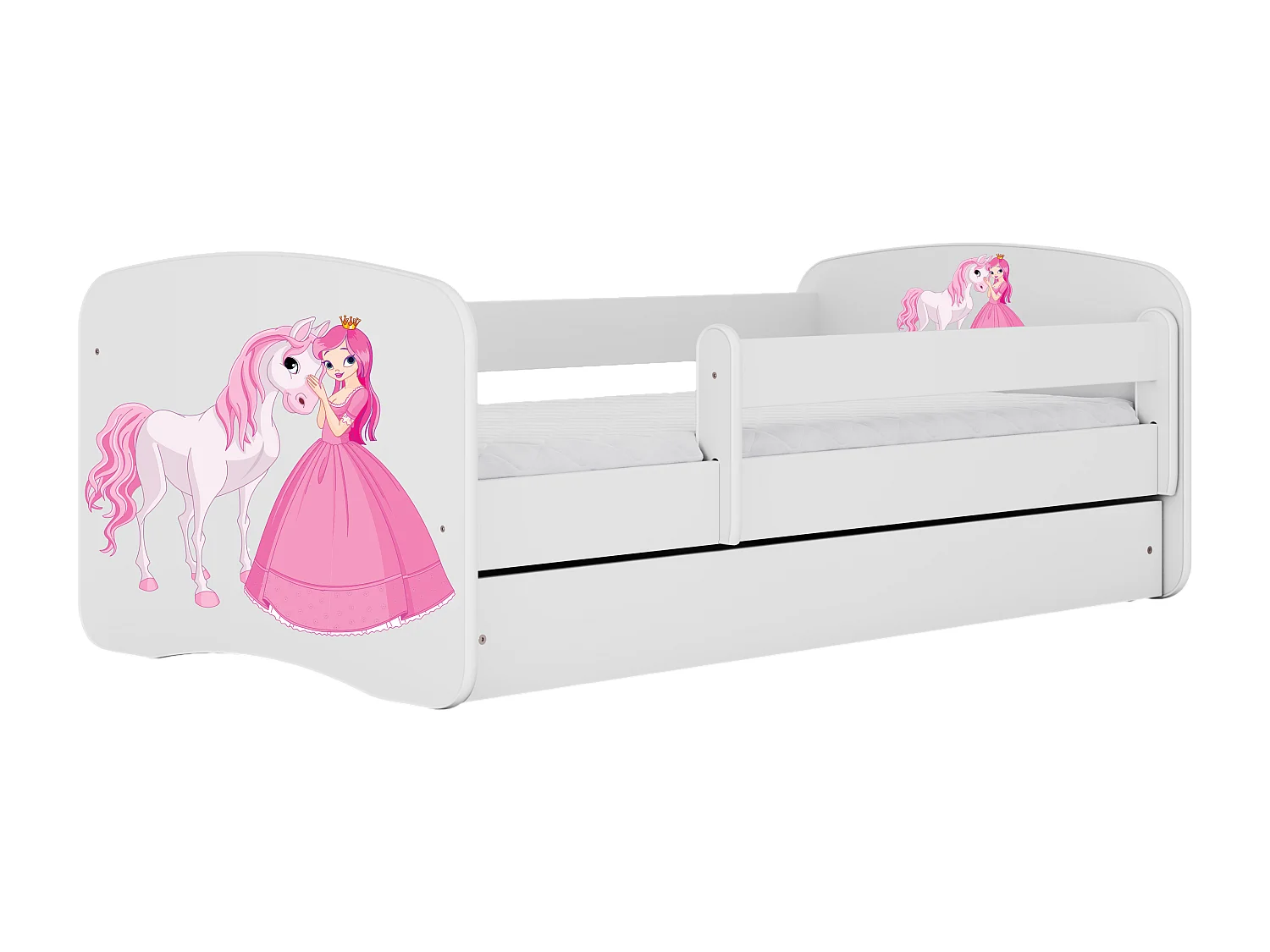 Lit enfant avec tiroir et barrière, matelas inclus - Princesse avec Cheval - 80 x 180 cm