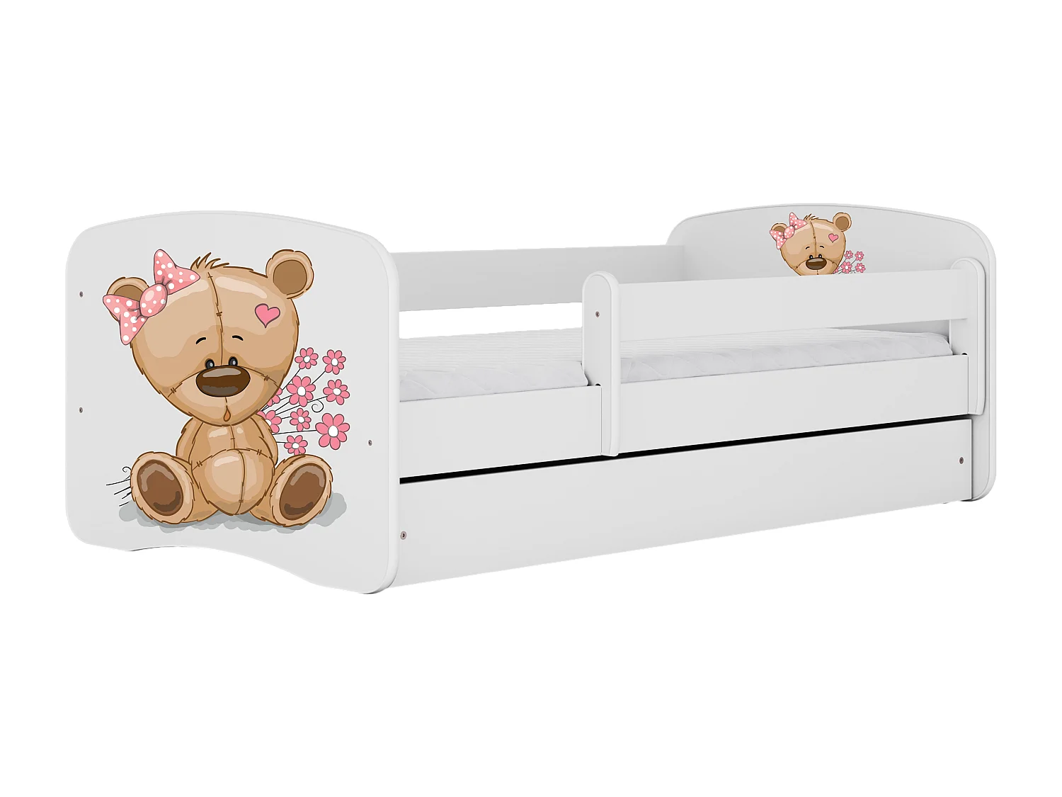 Lit enfant avec tiroir et barrière, matelas inclus - Ourson Fleuri - 80 x 160 cm