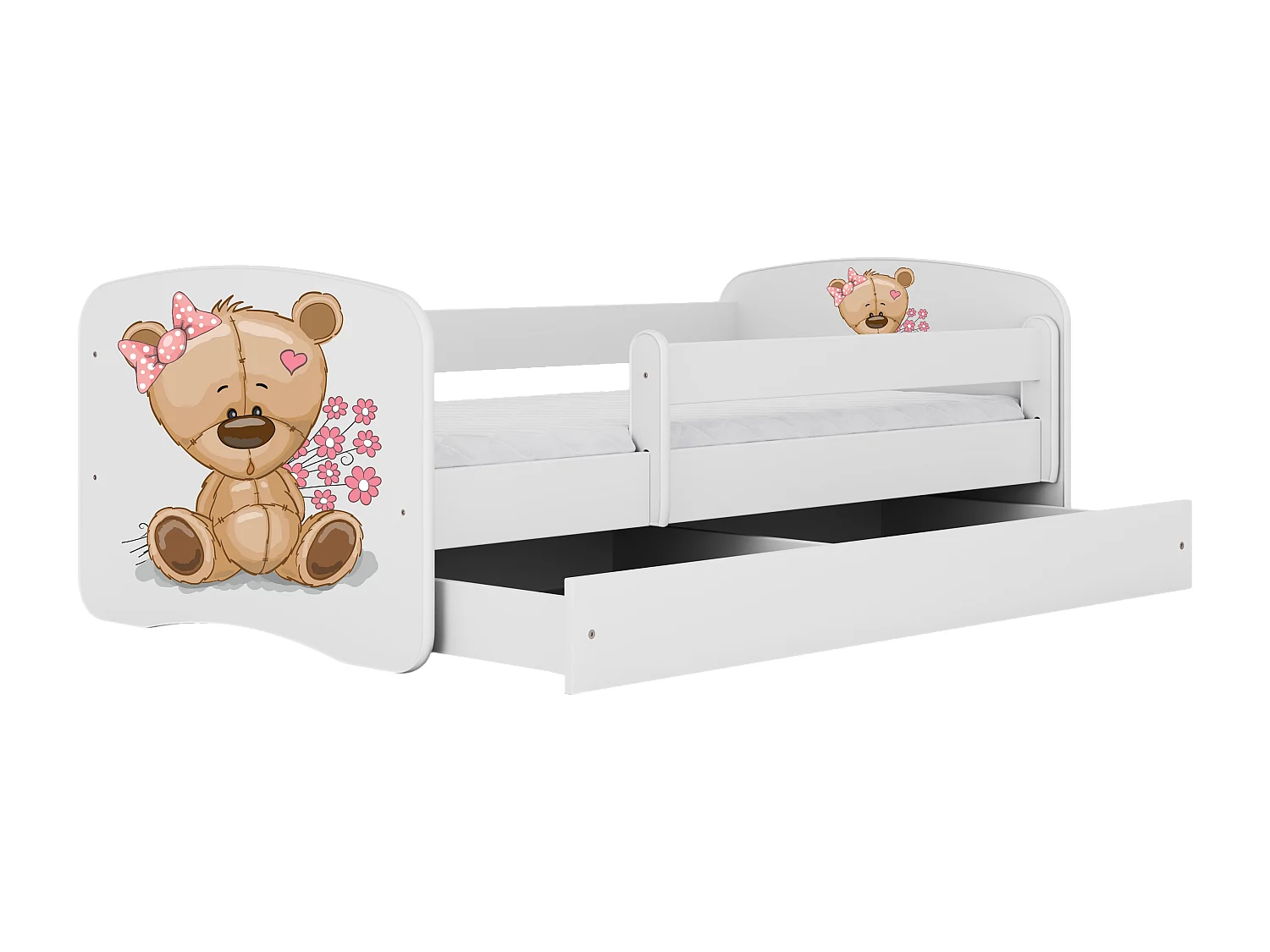 Lit enfant avec tiroir et barrière, matelas inclus - Ourson Fleuri - 80 x 160 cm