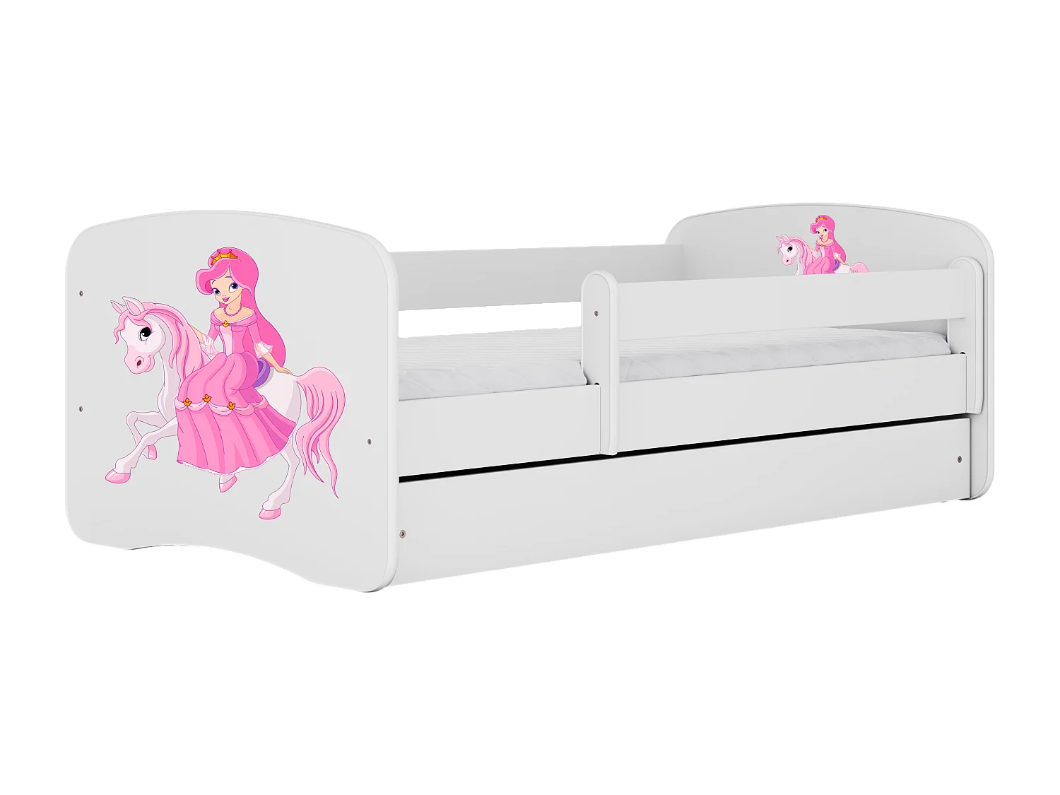 Lit enfant avec tiroir et barrière, matelas inclus - Princesse à Cheval - 80 x 180 cm