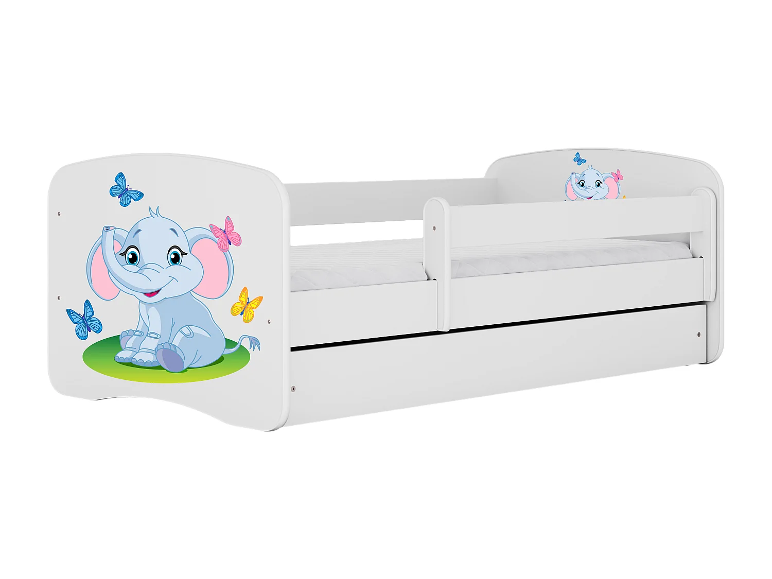 Lit enfant avec tiroir et barrière, matelas inclus - Éléphant - 70 x 140 cm