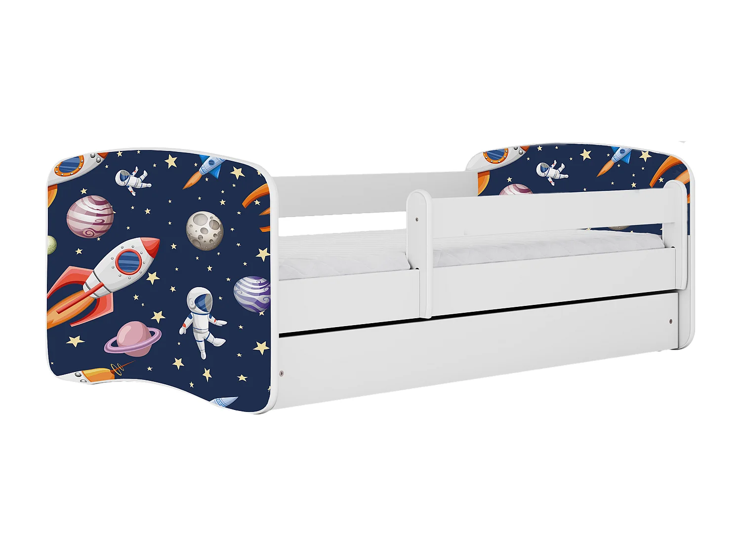 Lit enfant avec tiroir et barrière, matelas inclus - Cosmos - 70 x 140 cm