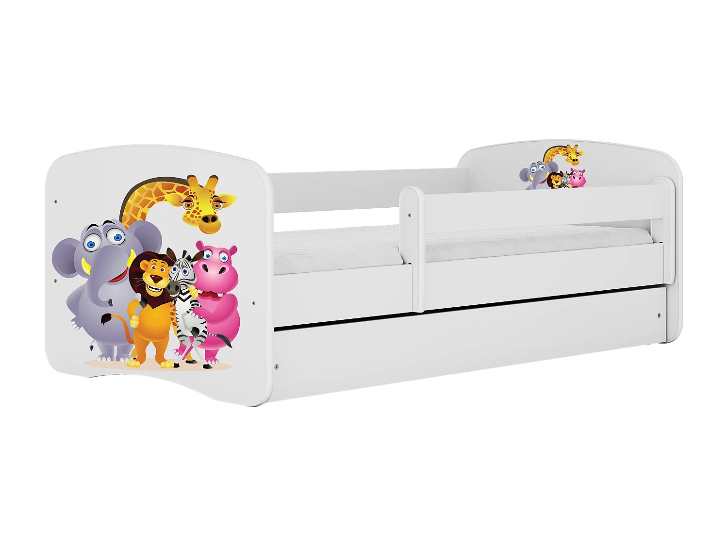 Lit enfant avec tiroir et barrière, matelas inclus - Zoo - 70 x 140 cm