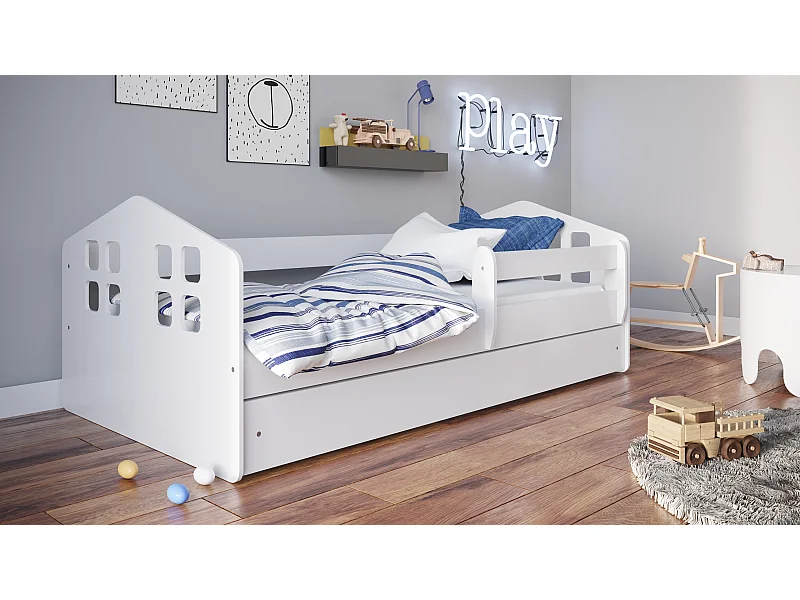 Lit enfant avec tiroir et barrière, matelas inclus - Kacper - 80 x 180 cm