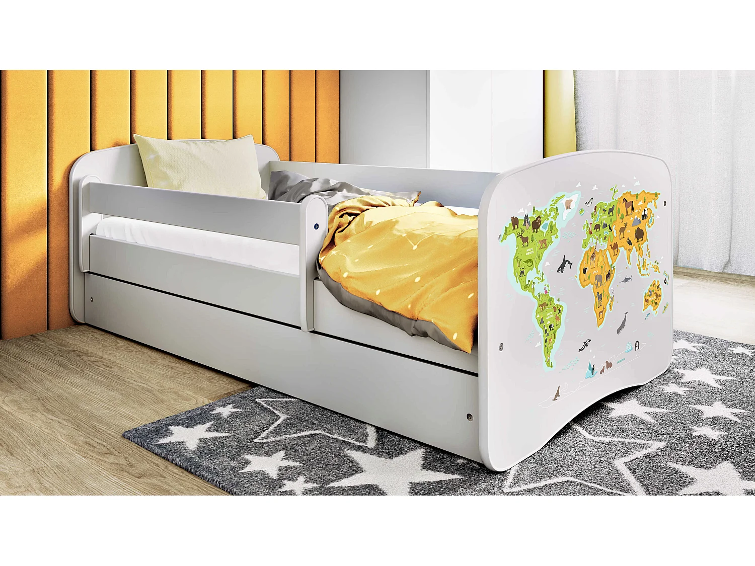 Lit enfant avec tiroir et barrière, matelas inclus - Carte - 80 x 160 cm