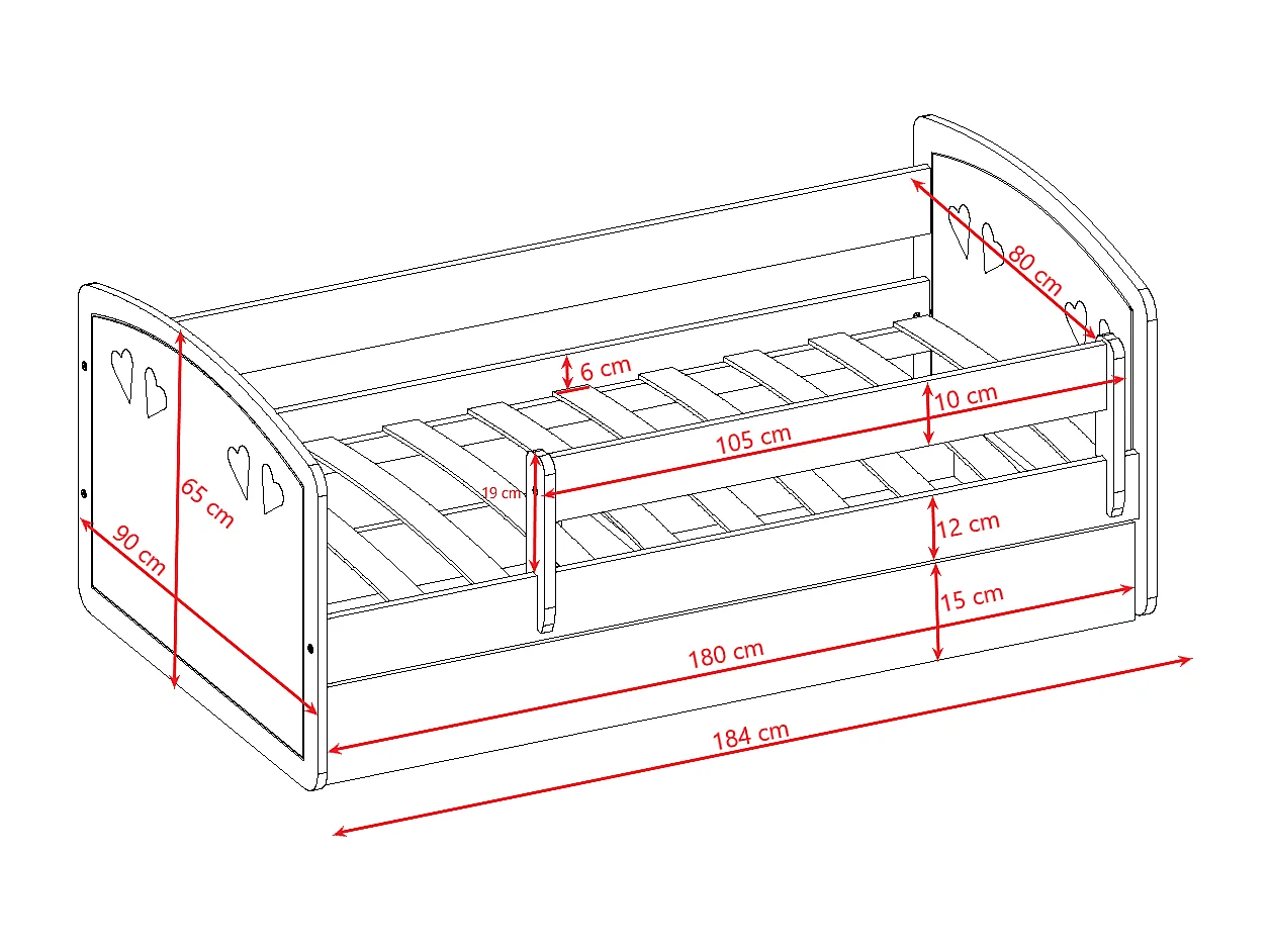 Lit enfant avec tiroir et barrière, matelas inclus - JULIA - 80 x 180 cm