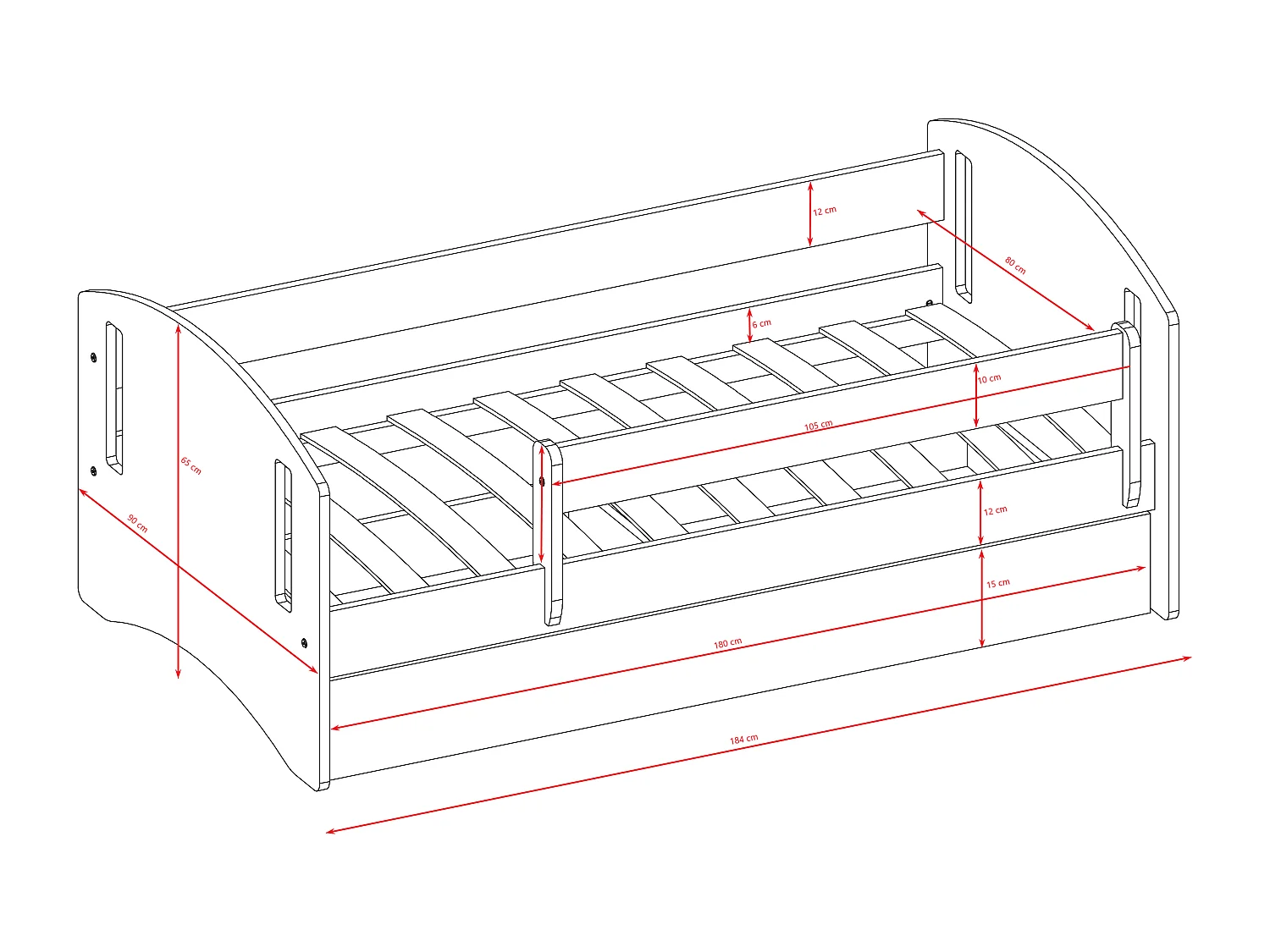 Lit enfant avec tiroir et barrière, matelas inclus - CLASSIC II - 80 x 180 cm