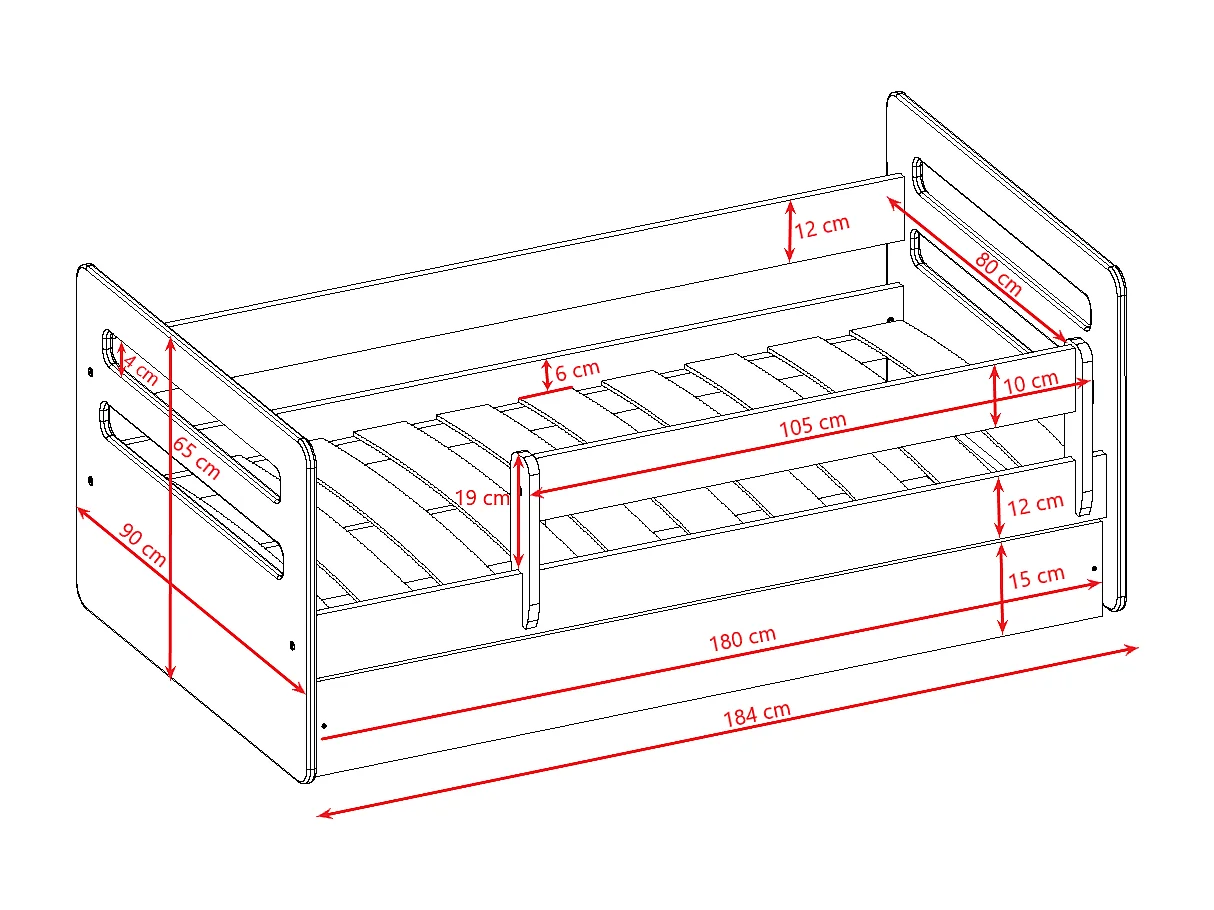 Lit enfant Tomi 70x140, 80x160, 80x180 cm - Ensemble complet avec matelas, tiroir et protection