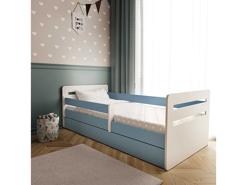 Lit enfant Tomi 70x140, 80x160, 80x180 cm - Ensemble complet avec tiroir et protection antichute