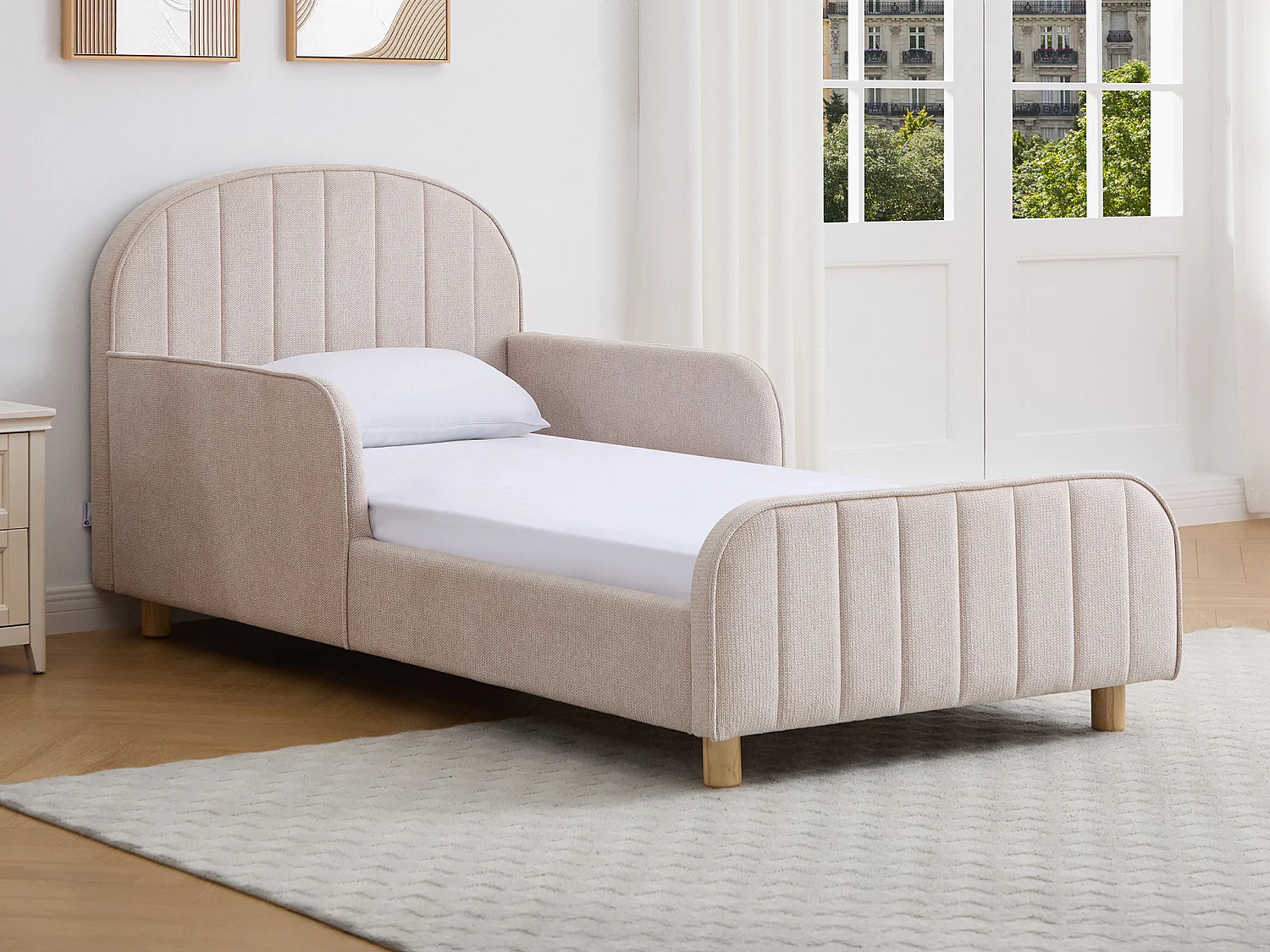 Lit 90 x 190 cm – Tissu texturé – Beige + Matelas – MIRAVELO