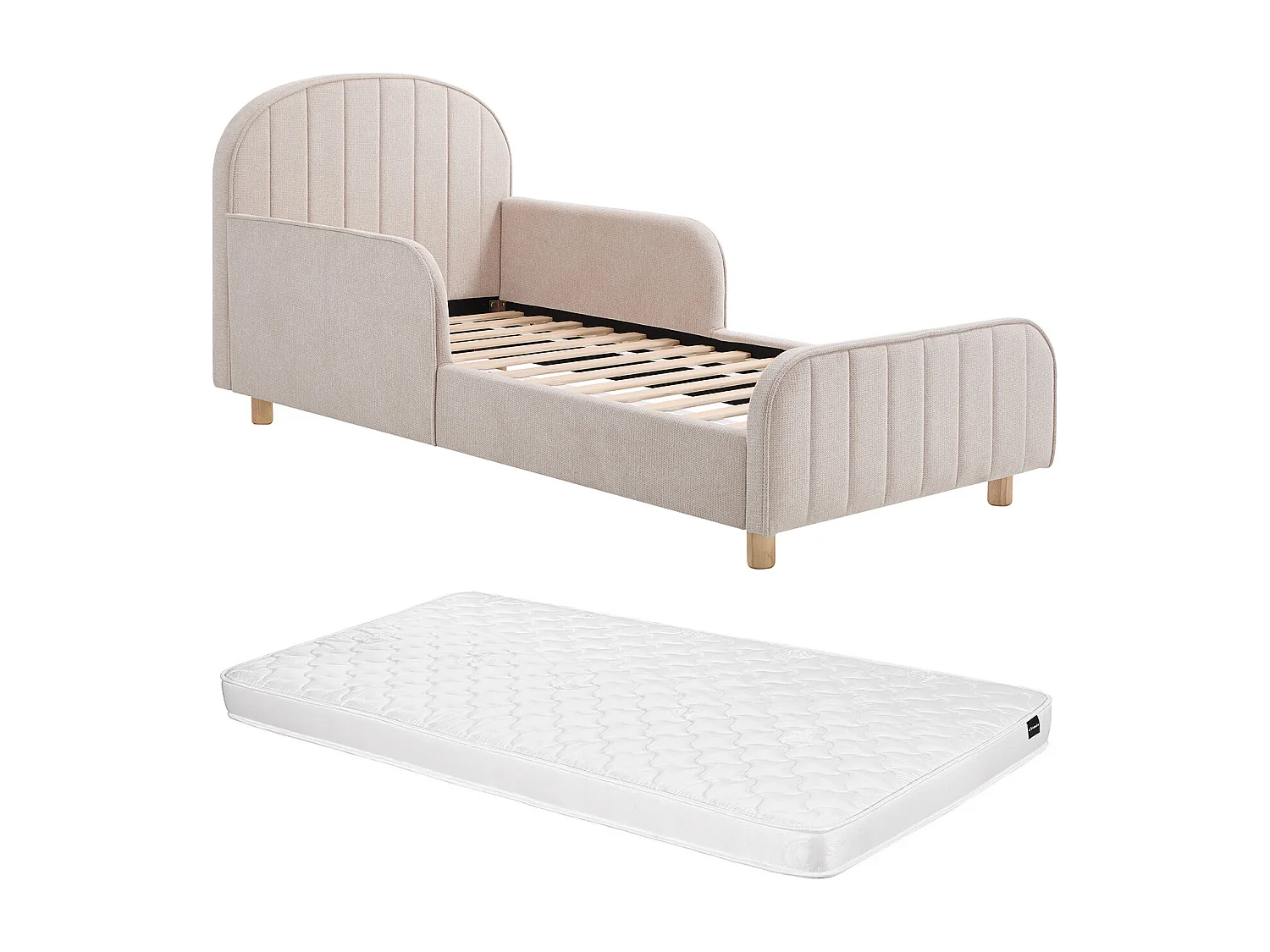 Lit 90 x 190 cm – Tissu texturé – Beige + Matelas – MIRAVELO