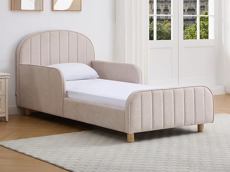 Lit 90 x 190 cm – Tissu texturé – Beige + Matelas – MIRAVELO