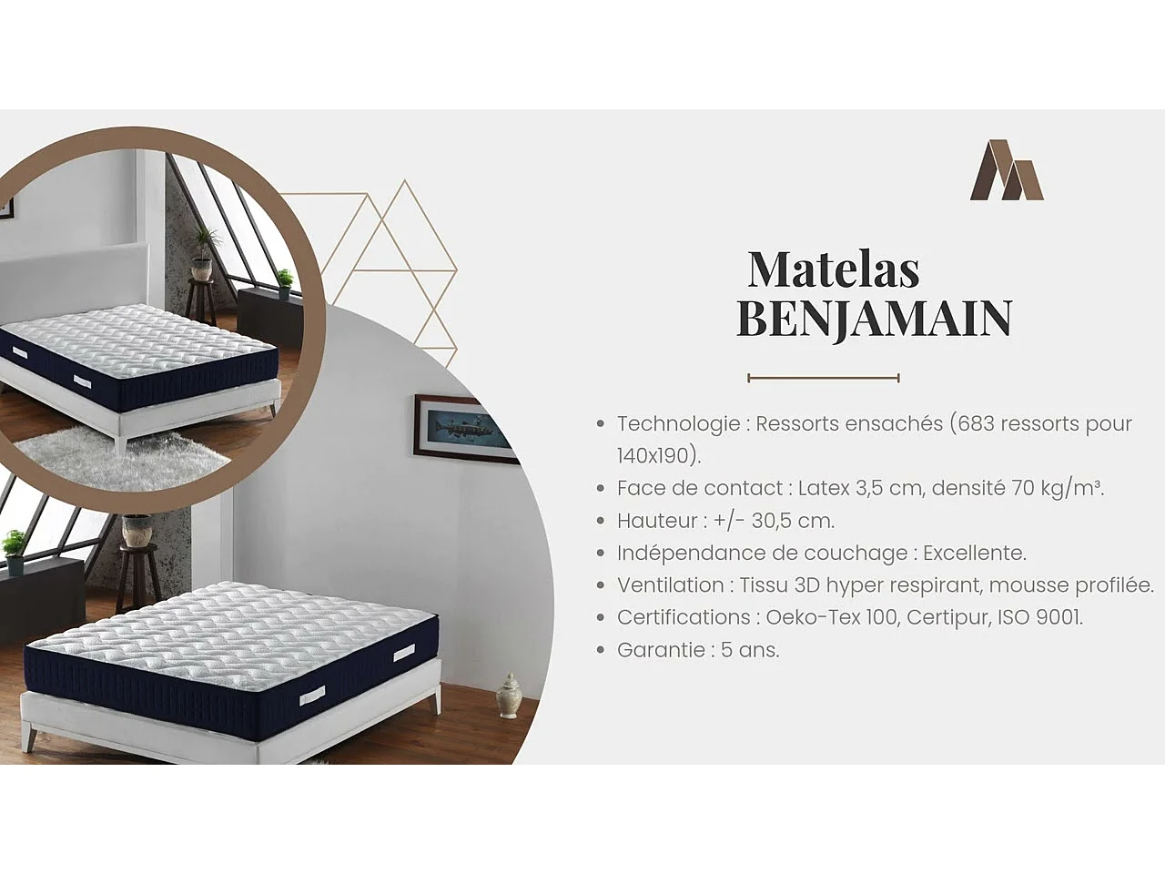 Matelas benjamin a Ressorts + 3 cm contact latex à 70 % en  70 Kg/m3 - 80x190 Hauteur +/-  30 cm - Accueil Moelleux - Soutien Equilibre - 5 Zones de Confort -