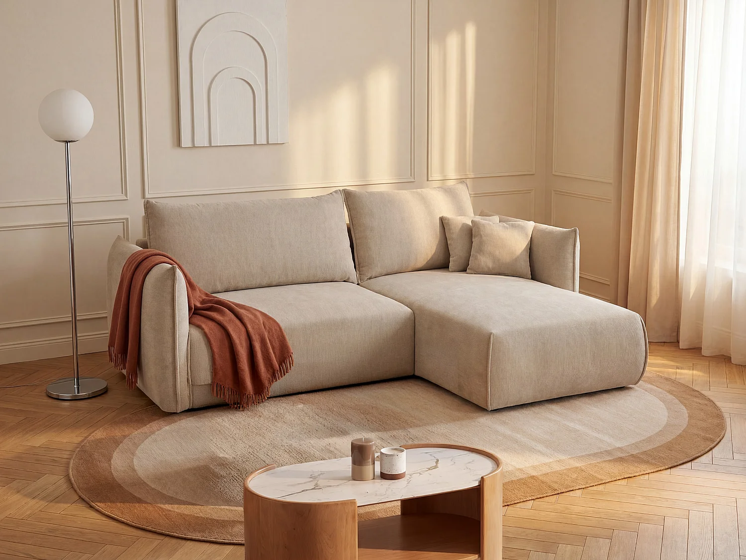 Canapé d'angle droit convertible en tissu texturé beige CARISU