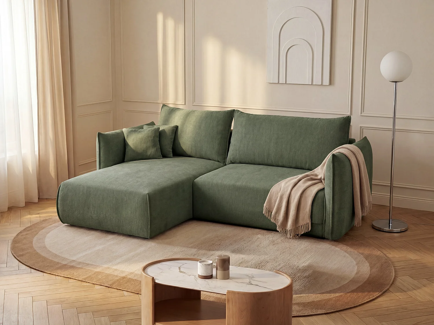 Canapé d'angle gauche convertible en tissu texturé vert CARISU