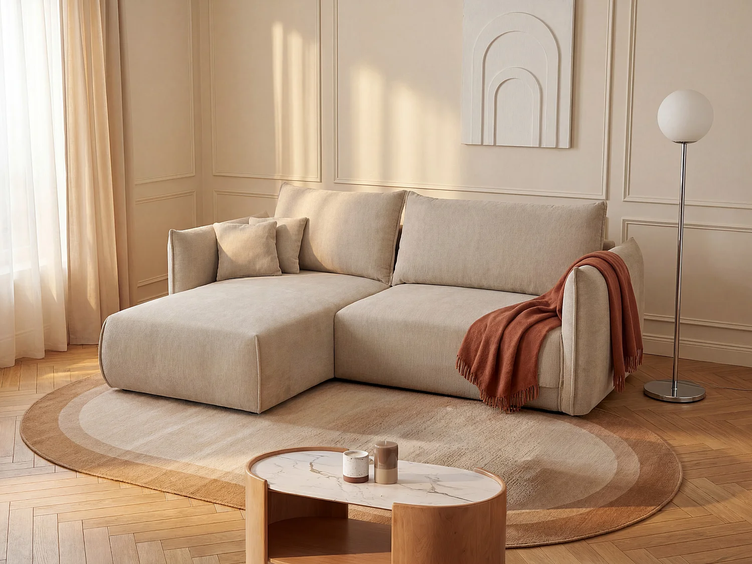 Canapé d'angle gauche convertible en tissu texturé beige CARISU