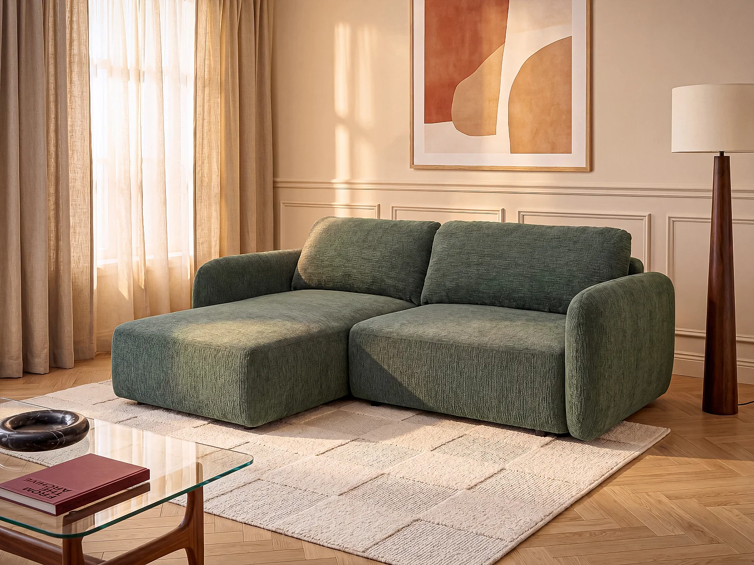 Canapé d'angle gauche convertible en tissu chenille vert sapin PLUFATI