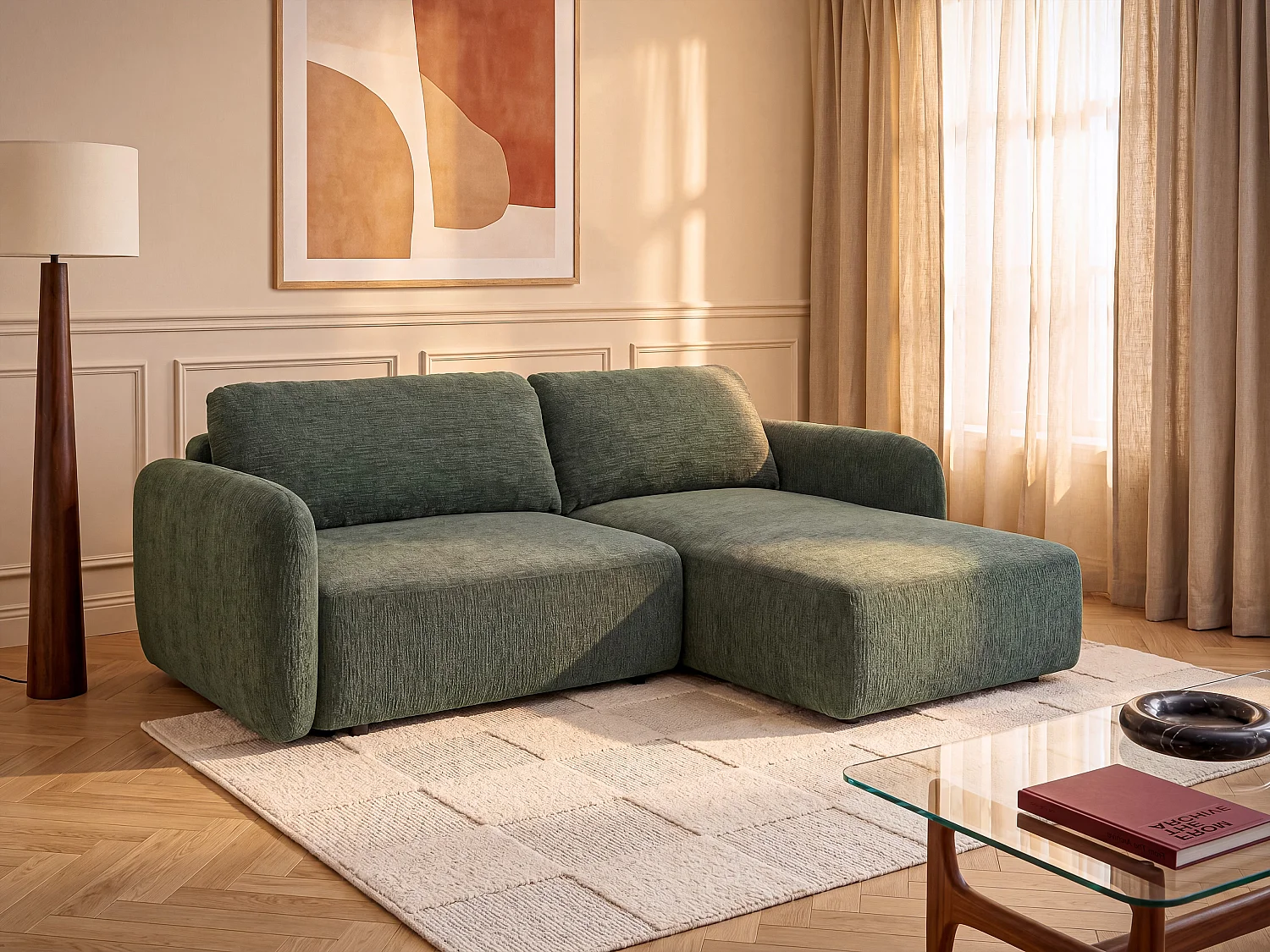 Canapé d'angle droit convertible en tissu chenille vert sapin PLUFATI