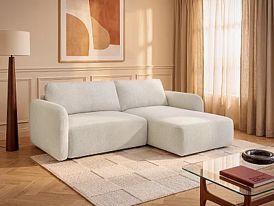 Canapé d'angle droit convertible en tissu chenille blanc cassé PLUFATI