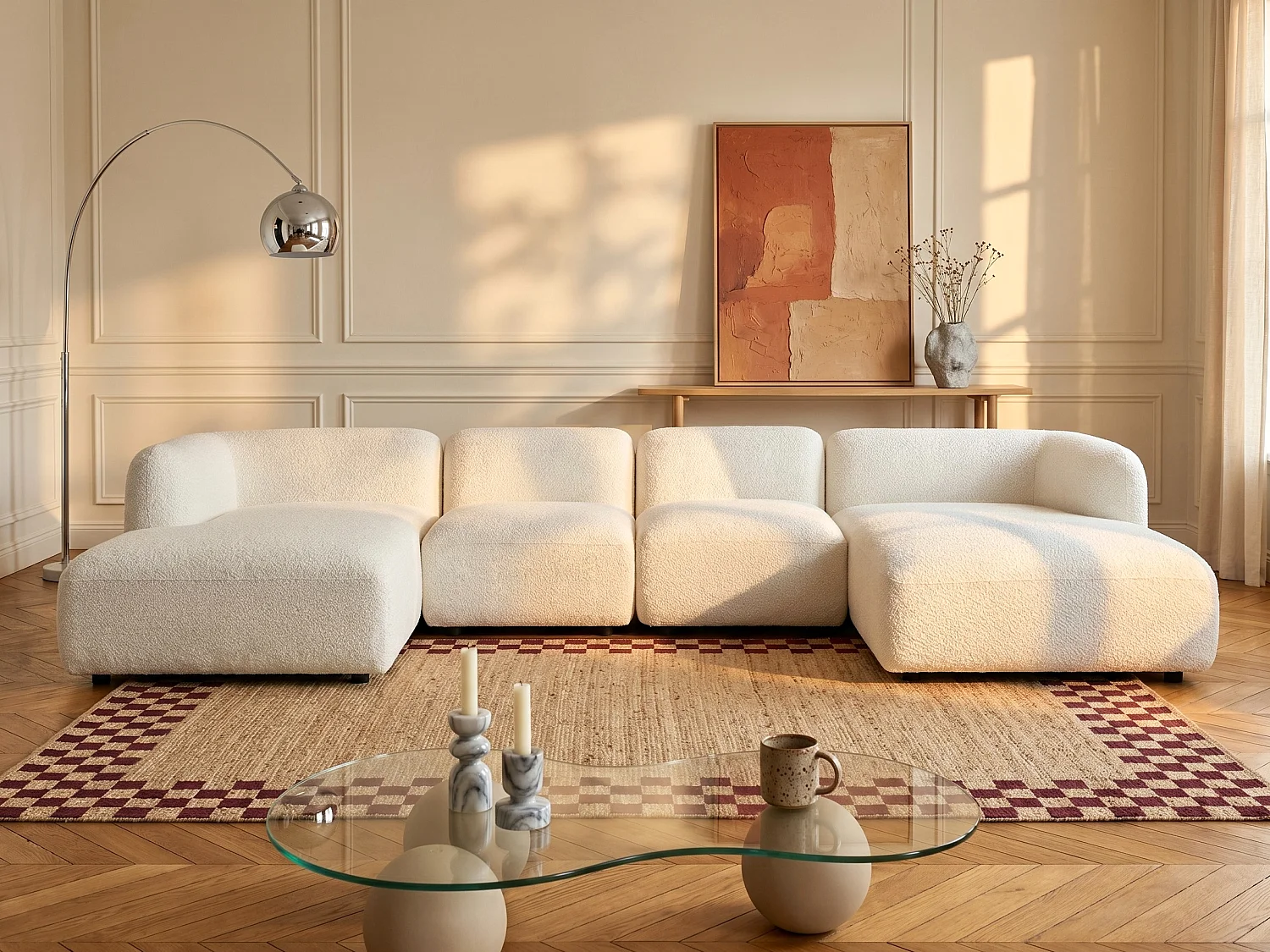Méridienne droite en tissu bouclette blanc cassé DANEPI