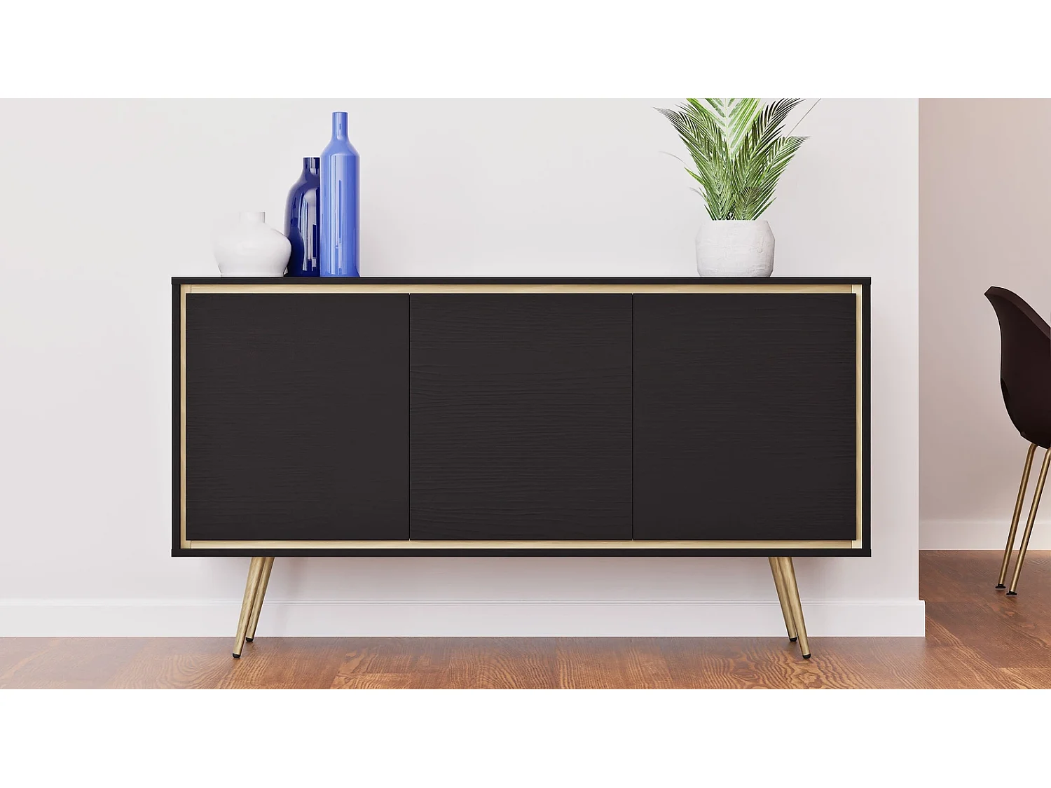 Dressoir Tori 150 cm - Mat zwart met gouden rand