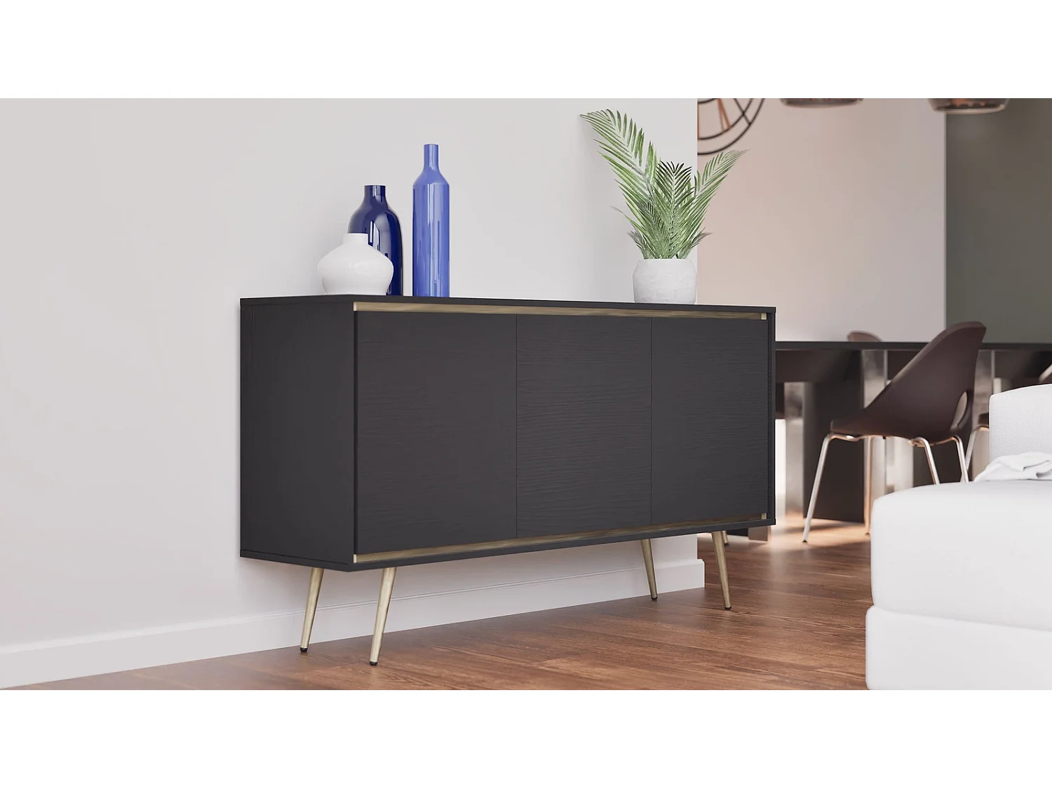 Dressoir Tori 150 cm - Mat zwart met gouden rand