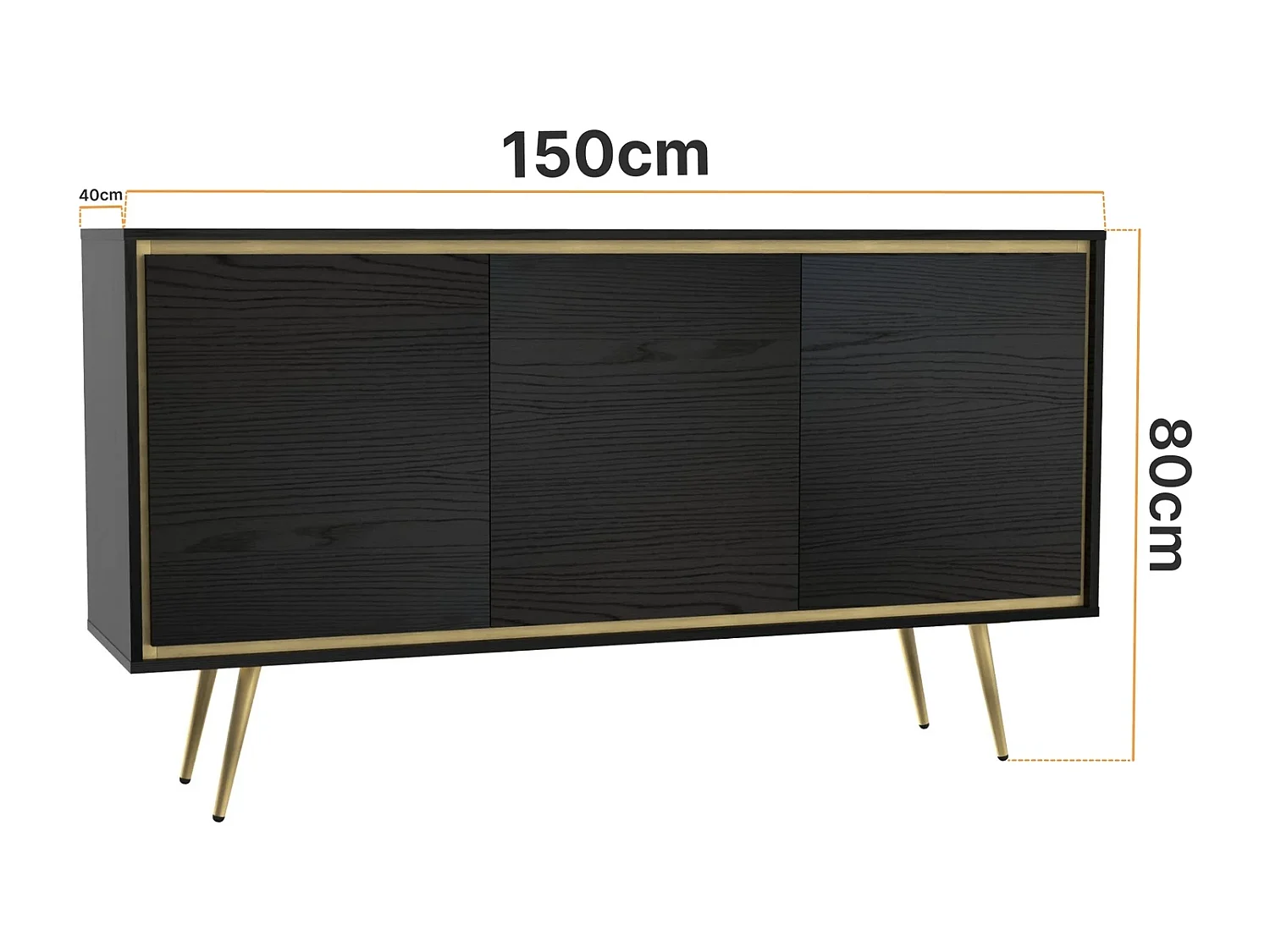 Dressoir Tori 150 cm - Mat zwart met gouden rand