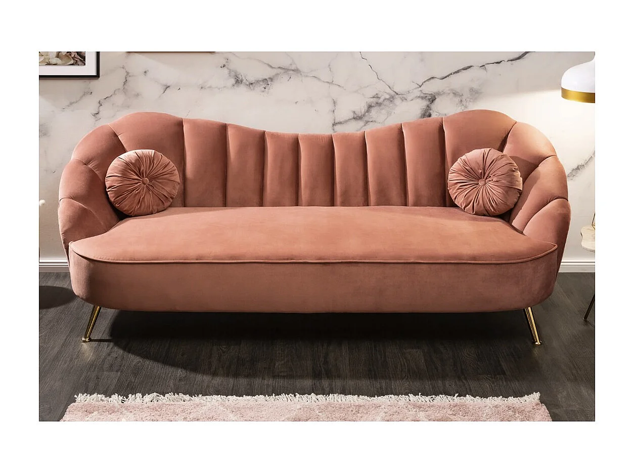 Canapé droit ATLANTIKA rose poudré – Canapé design en velours avec pieds dorés