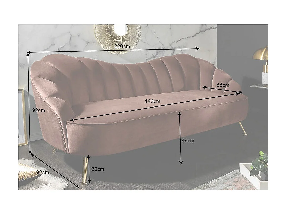 Canapé droit ATLANTIKA rose poudré – Canapé design en velours avec pieds dorés