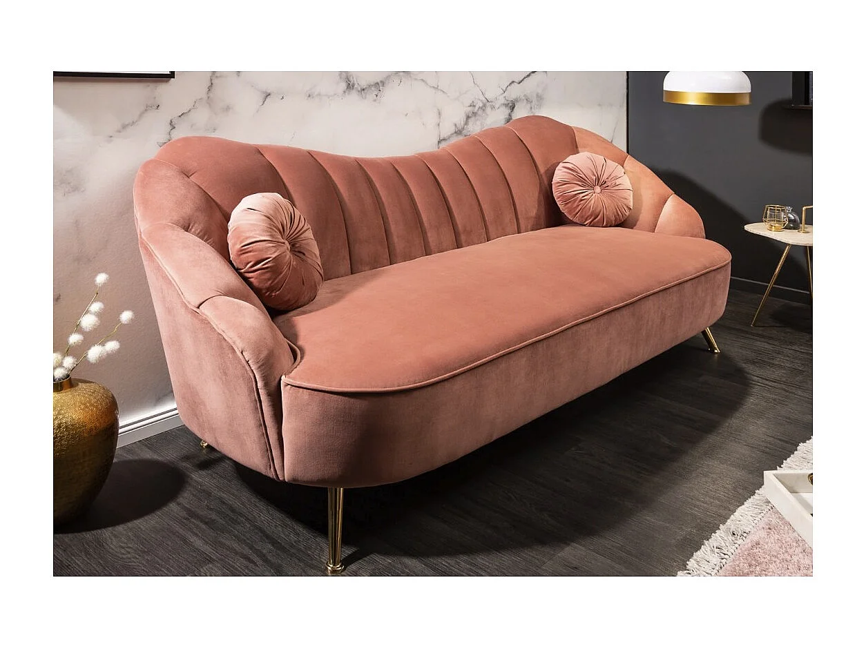Canapé droit ATLANTIKA rose poudré – Canapé design en velours avec pieds dorés