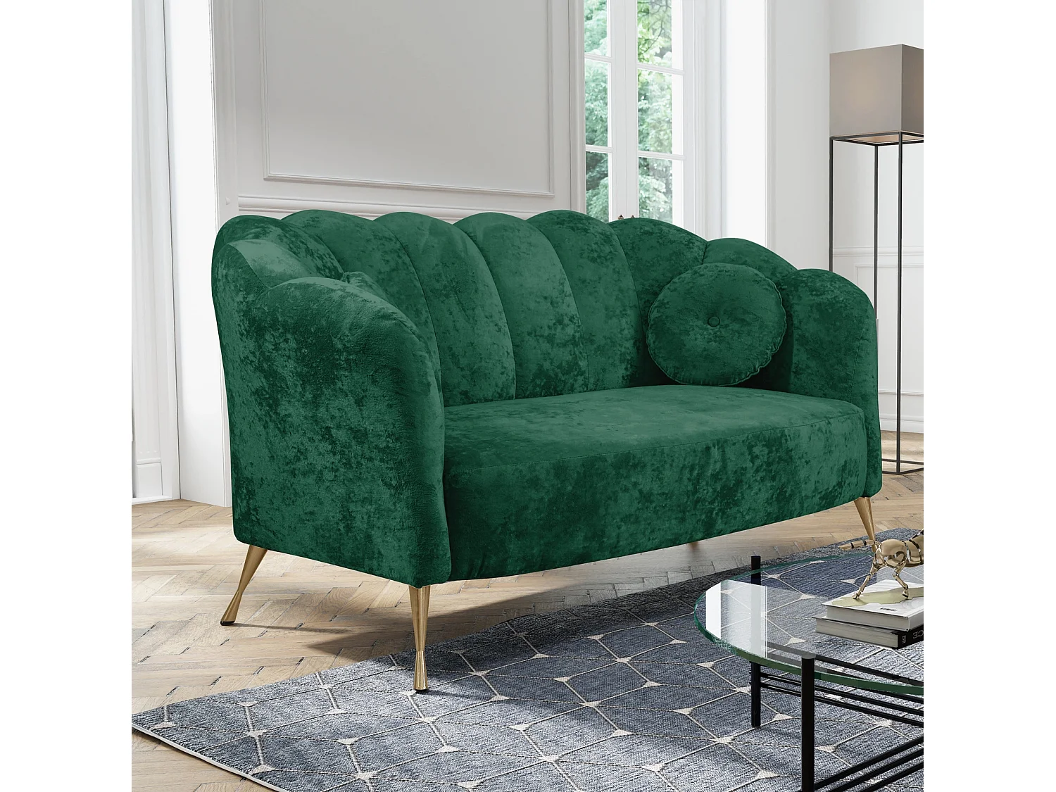 Canapé 2 places Adria - velours vert malachite pieds dorés