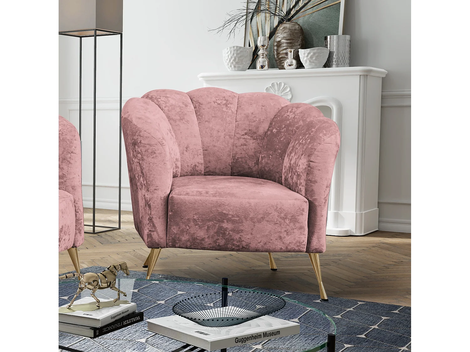 Fauteuil coquillage Adria - velours vieux rose pieds dorés
