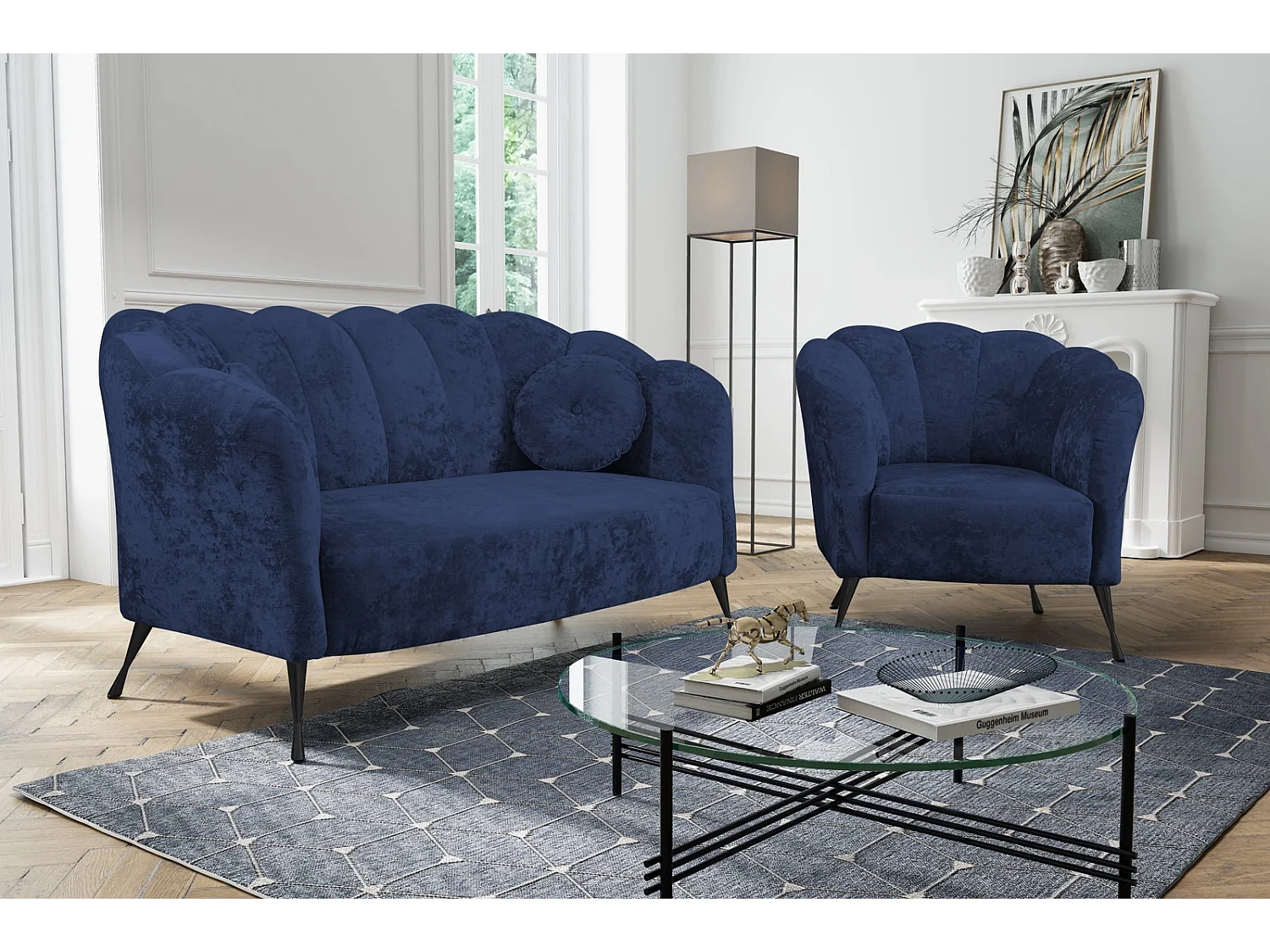 Sitzgarnitur 2+1 Adria - samt marineblau schwarze füße