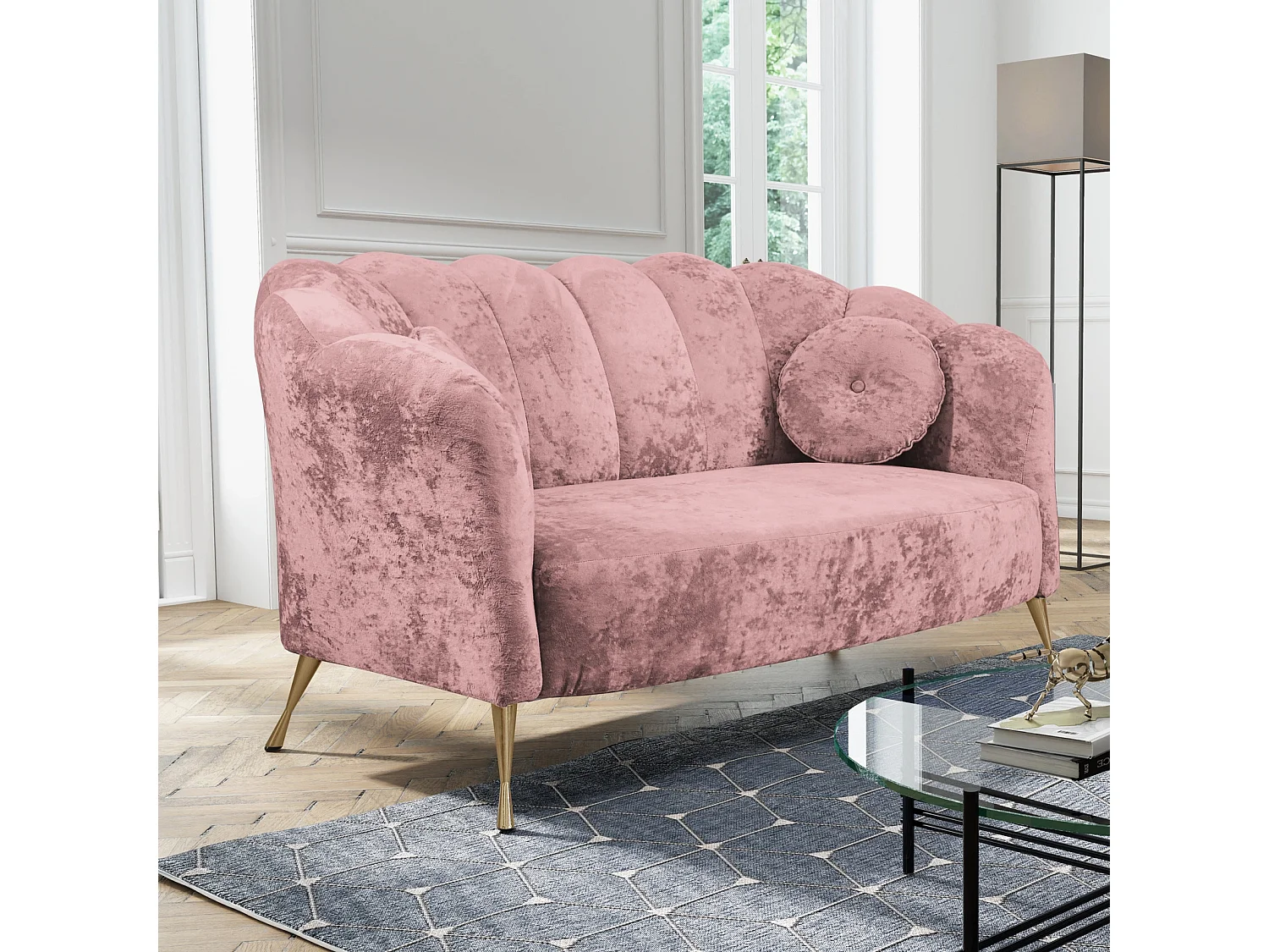 Canapé 2 places Adria - velours vieux rose pieds dorés