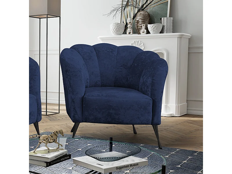 Fauteuil coquillage Adria - velours bleu marine pieds noirs