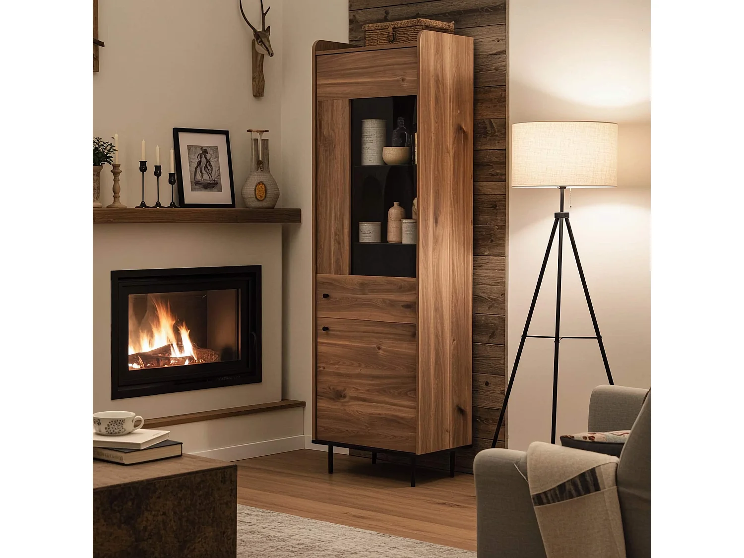 Hohe Vitrine Nero 60 cm - Brandy Castello Eiche Optik