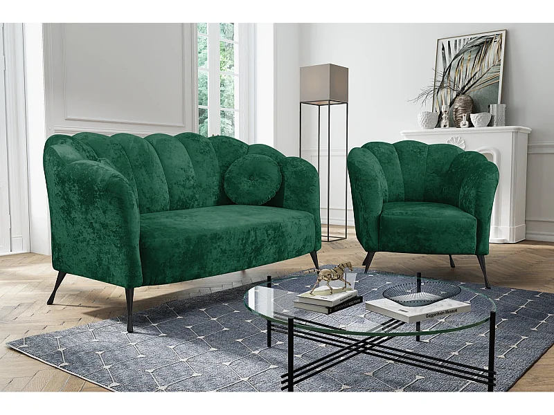 Ensemble salon 2+1 Adria - velours vert malachite pieds noirs
