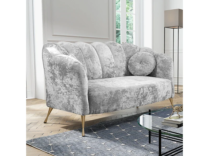 Canapé 2 places Adria - velours gris platine pieds dorés