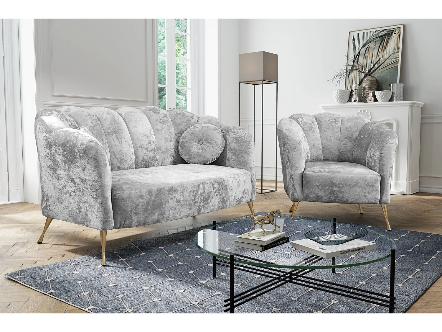 Zithoek 2+1 Adria - fluweel platinagrijs gouden poten