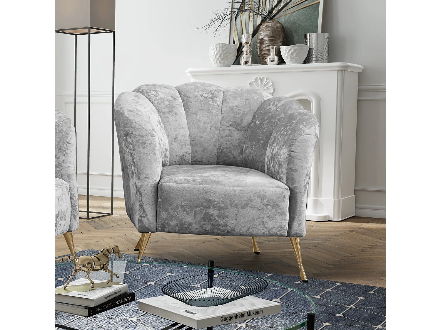 Muschelsessel Adria - samt platingrau goldene füße