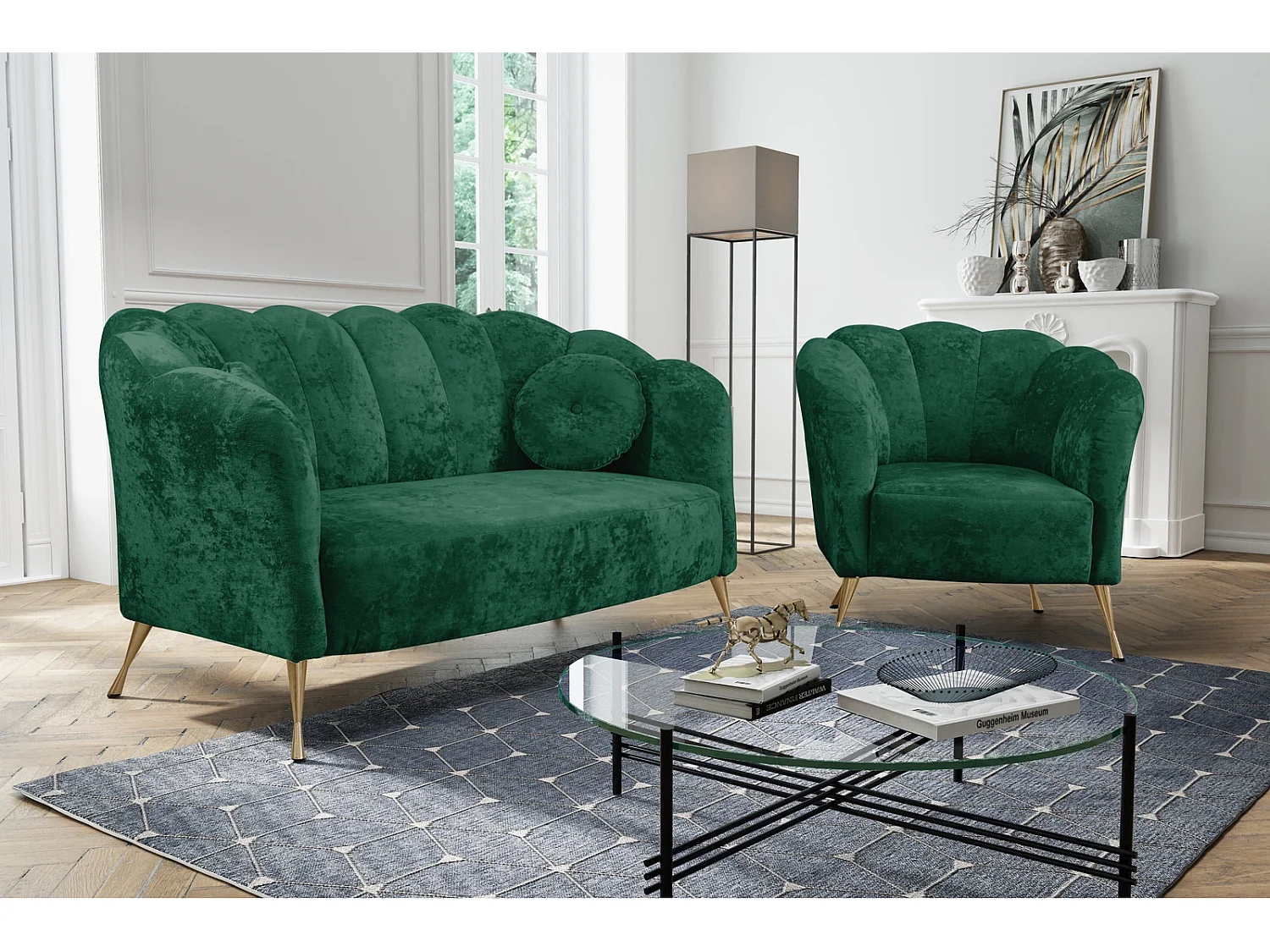 Ensemble salon 2+1 Adria - velours vert malachite pieds dorés